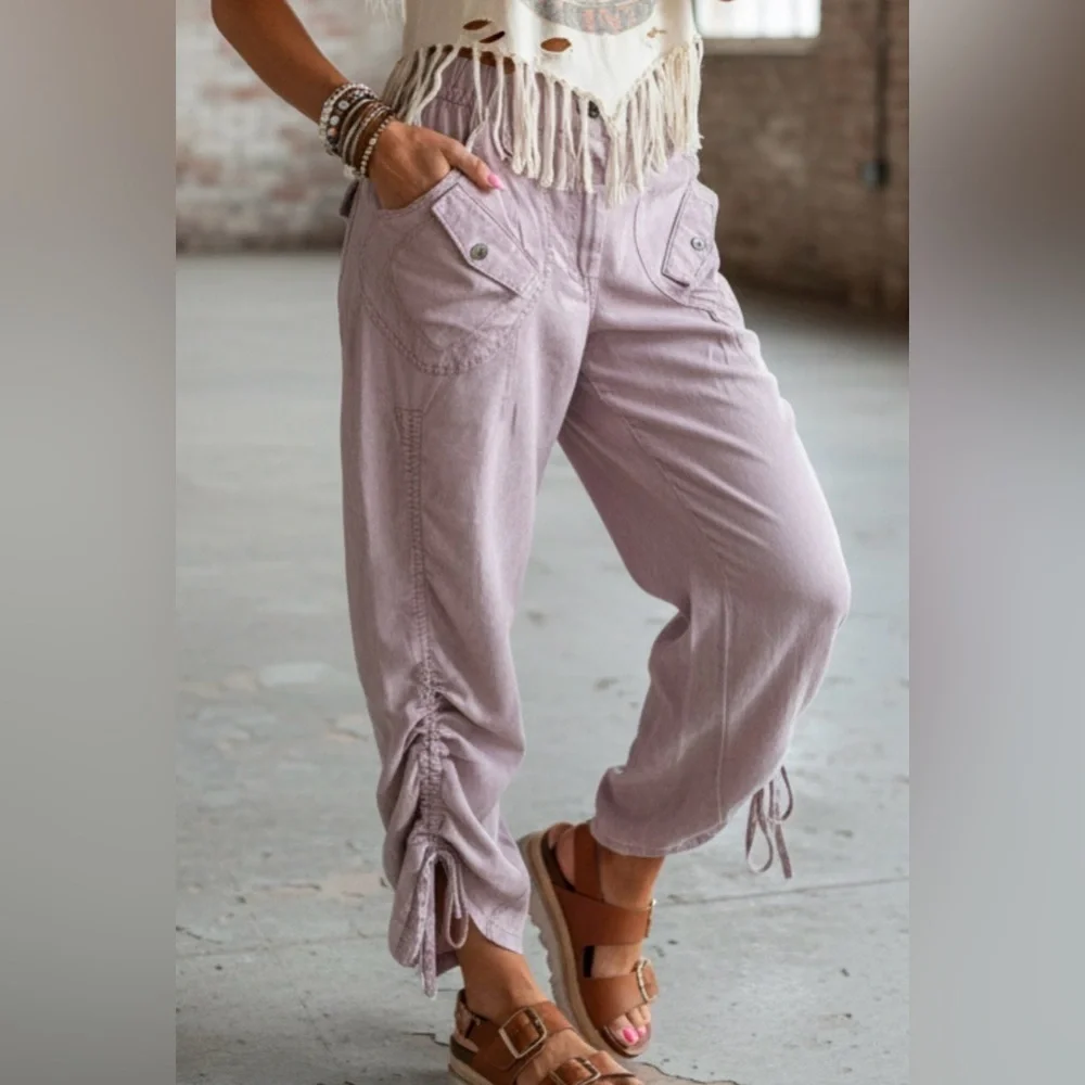 NWT Bluevelvet Cargo Pocket Tencel Side Ruched Mauve Cropped Pants - Picture 13 of 13